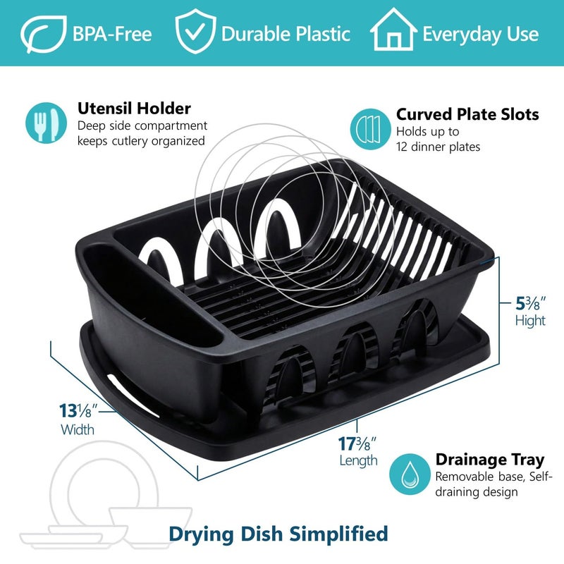 Tribello Sink Dish Drying Rack, Heavy Duty Hard Plastic Drying Rack, Dish Drainer for Kitchen Counter with Drainboard Set, with Silverware Holder - 18 x 13 x 6 (Black) - Made in USA - Image 3